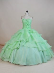 Classical Apple Green Ball Gowns Sweetheart Sleeveless Organza Floor Length Lace Up Ruffled Layers and Ruching and Hand Made Flower Sweet 16 Quinceanera Dress
