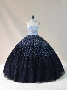 Cute Sleeveless Floor Length Beading Lace Up Quinceanera Dresses with Black