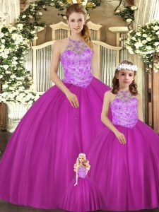 Simple Fuchsia Lace Up Sweet 16 Dresses Beading Sleeveless Floor Length
