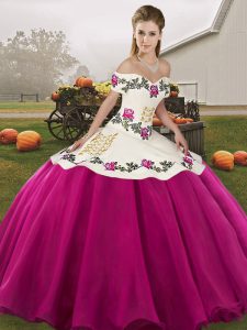 Fitting Fuchsia Sleeveless Embroidery Floor Length Sweet 16 Dress