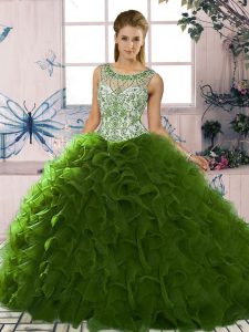 Custom Made Organza Scoop Sleeveless Lace Up Beading and Ruffles Quinceanera Dresses in Green