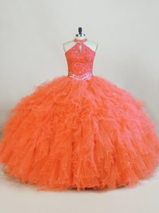 Excellent Floor Length Ball Gowns Sleeveless Orange Quinceanera Dress Lace Up