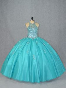Aqua Blue Lace Up Halter Top Beading Quinceanera Dress Tulle Sleeveless