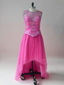 Sweet Hot Pink Dress for Prom Beading Sleeveless High Low