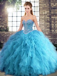 Aqua Blue Tulle Lace Up Sweet 16 Dresses Sleeveless Floor Length Beading and Ruffles