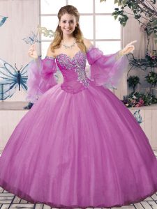 Sleeveless Tulle Floor Length Lace Up Quinceanera Gowns in Lilac with Beading