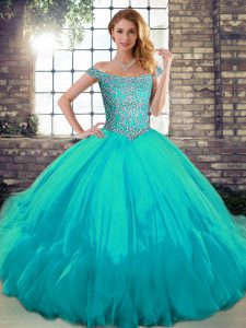 Shining Sleeveless Tulle Floor Length Lace Up Sweet 16 Dress in Aqua Blue with Beading and Ruffles