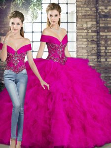 Hot Selling Off The Shoulder Sleeveless Quince Ball Gowns Floor Length Beading and Ruffles Fuchsia Tulle