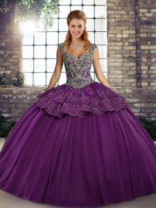 Purple Tulle Lace Up Straps Sleeveless Floor Length Sweet 16 Quinceanera Dress Beading and Appliques