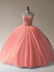 Glamorous Peach Tulle Lace Up Ball Gown Prom Dress Sleeveless Floor Length Beading