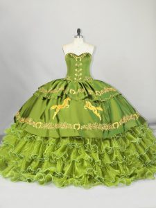 Stunning Olive Green Ball Gowns Sweetheart Sleeveless Satin and Organza Brush Train Lace Up Embroidery and Ruffled Layers 15th Birthday Dress