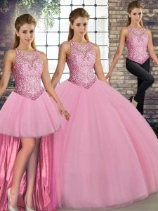 Best Selling Three Pieces Sweet 16 Dress Pink Scoop Tulle Sleeveless Floor Length Lace Up