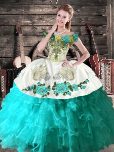Popular Floor Length Lace Up Quince Ball Gowns Aqua Blue for Sweet 16 and Quinceanera with Embroidery