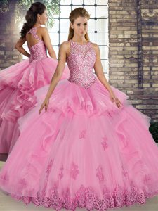 Attractive Tulle Scoop Sleeveless Lace Up Lace and Embroidery and Ruffles Quinceanera Gown in Rose Pink