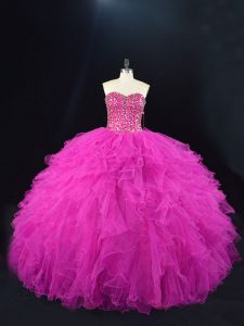 Floor Length Fuchsia Sweet 16 Quinceanera Dress Sweetheart Sleeveless Lace Up