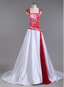 Shining Satin Cap Sleeves Formal Evening Gowns Court Train and Lace and Appliques