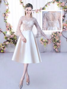 Custom Design Champagne A-line Lace and Belt Dama Dress for Quinceanera Lace Up Satin 3 4 Length Sleeve Tea Length