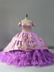 Decent Lavender Lace Up 15 Quinceanera Dress Beading and Embroidery and Ruffles Sleeveless Chapel Train
