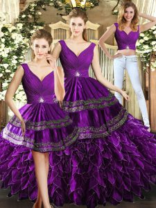 Purple V-neck Neckline Beading and Embroidery and Ruffles 15 Quinceanera Dress Sleeveless Backless