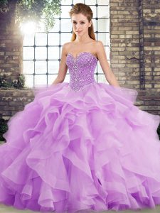 Lavender Sleeveless Beading and Ruffles Lace Up Ball Gown Prom Dress