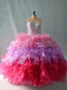 Vintage Multi-color Ball Gowns Organza Sweetheart Sleeveless Beading and Ruffles Floor Length Lace Up Vestidos de Quinceanera