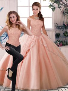 Dazzling Two Pieces Sleeveless Peach 15 Quinceanera Dress Brush Train Lace Up