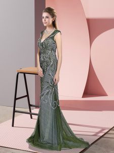 Olive Green V-neck Zipper Beading Prom Party Dress Sweep Train Sleeveless