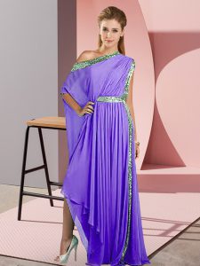 One Shoulder Sleeveless Homecoming Dress Asymmetrical Sequins Lavender Chiffon