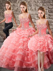 Luxury Watermelon Red Sleeveless Organza Court Train Lace Up Sweet 16 Quinceanera Dress for Quinceanera