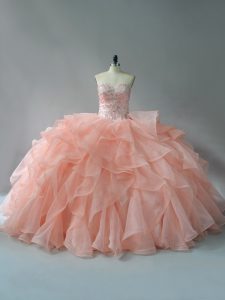 Peach Lace Up Sweetheart Beading and Ruffles Quinceanera Gown Organza Sleeveless Brush Train