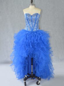 Stunning Sleeveless High Low Beading and Ruffles Lace Up Prom Dress with Blue