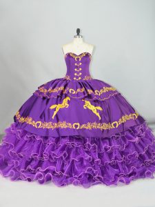 Purple Sweetheart Neckline Embroidery and Ruffled Layers Ball Gown Prom Dress Sleeveless Lace Up