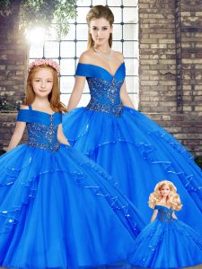 Traditional Tulle Off The Shoulder Sleeveless Lace Up Beading and Ruffles Sweet 16 Dress in Royal Blue