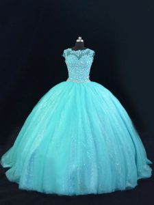 Super Aqua Blue Scoop Neckline Beading and Lace Quinceanera Gowns Sleeveless Lace Up