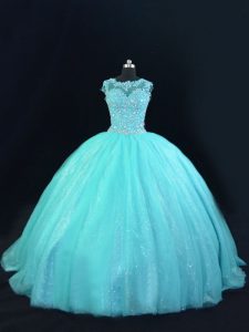 Super Aqua Blue Scoop Neckline Beading and Lace Quinceanera Gowns Sleeveless Lace Up