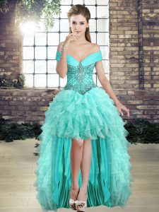 Aqua Blue Sleeveless Organza Lace Up Evening Dress for Prom and Party