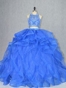 Smart Blue 15 Quinceanera Dress Organza Court Train Sleeveless Beading and Ruffles