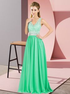 Fine Apple Green Sleeveless Beading and Lace and Appliques Floor Length Prom Dresses