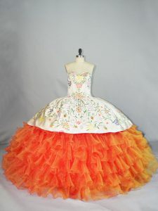 New Arrival Orange Organza Lace Up Quinceanera Dress Sleeveless Floor Length Embroidery and Ruffles