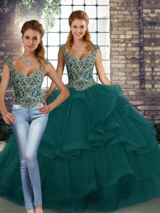 Discount Peacock Green Lace Up Straps Beading and Ruffles Quinceanera Dress Tulle Sleeveless