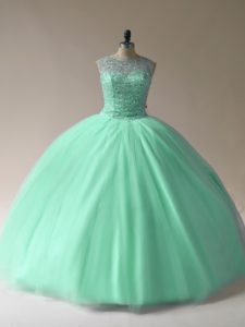 Great Ball Gowns Sweet 16 Quinceanera Dress Apple Green Scoop Tulle Sleeveless Floor Length Lace Up