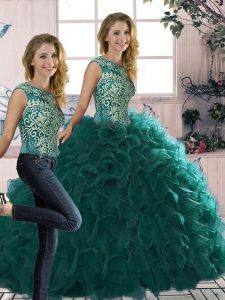Custom Made Peacock Green Sleeveless Beading and Ruffles Floor Length Quinceanera Dress