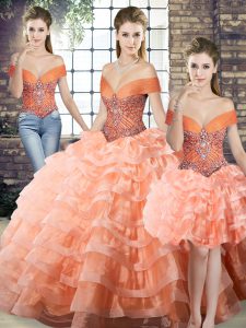 Peach Three Pieces Organza Off The Shoulder Sleeveless Beading and Ruffled Layers Lace Up Sweet 16 Quinceanera Dress Brush Train