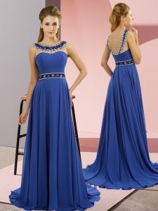 Brush Train Empire Prom Dresses Royal Blue Scoop Chiffon Sleeveless Zipper
