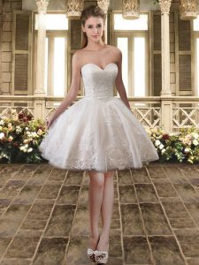 Sleeveless Knee Length Lace and Appliques Lace Up Vestidos de Damas with White