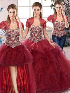 New Arrival Burgundy Off The Shoulder Neckline Beading and Ruffles Vestidos de Quinceanera Sleeveless Lace Up