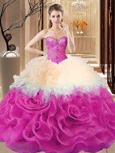 Fabric With Rolling Flowers Sleeveless Floor Length Sweet 16 Dresses and Beading and Ruffles