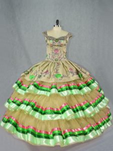 Floor Length Olive Green Sweet 16 Dresses Organza Sleeveless Embroidery and Ruffled Layers