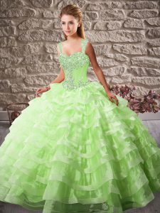 Straps Lace Up Beading and Ruffled Layers Sweet 16 Dresses Court Train Sleeveless