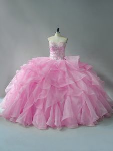 Baby Pink Sleeveless Beading and Ruffles Lace Up Quinceanera Dresses